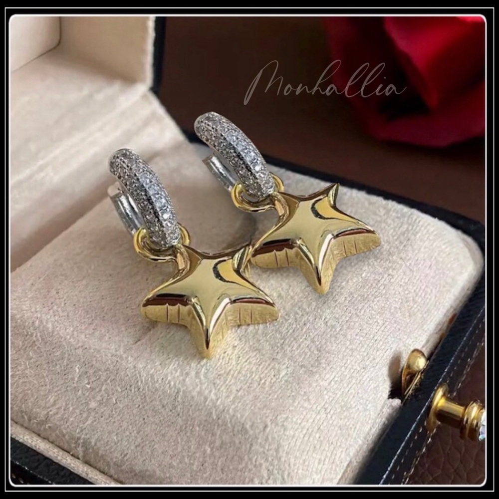 Clearance! NEW GOLD SILVER STATEMENT PUFFY STAR CHUNKY HUGGIE EARRINGS - Picture 4 of 6